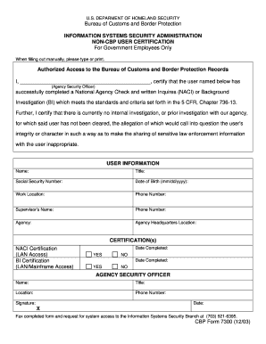 CBP Form 7300 Non-CBP User Certification