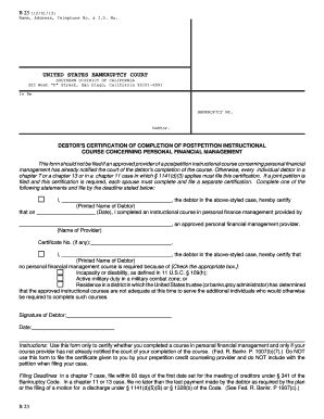 Debtor's Certification of Completion of Personal Financial Management Course