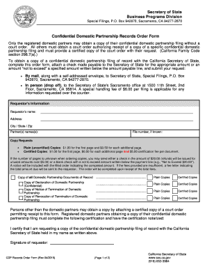 California Confidential Domestic Partnership Records Order Form
