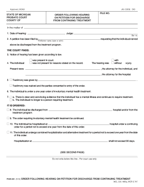 Michigan Order Following Hearing on Petition for Discharge from Continuing Treatment