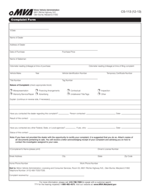 Maryland Motor Vehicle Complaint Form