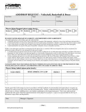 Pleasanton Sports Team Add/Drop Request and Waiver