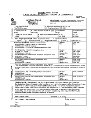 FAA Form 8130-15 Light-Sport Aircraft Statement of Compliance