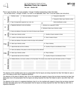 New York State Liquor Transport Manifest Form