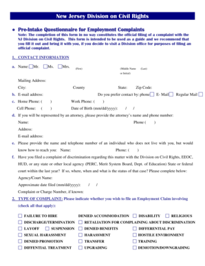 New Jersey Employment Discrimination Pre-Intake Questionnaire