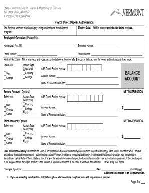Vermont Payroll Direct Deposit Authorization