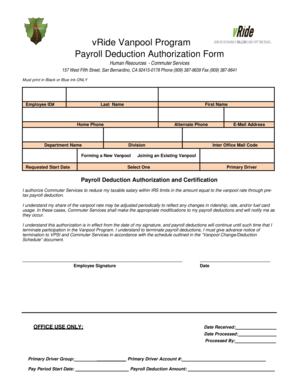 vRide Vanpool Program Payroll Deduction Authorization