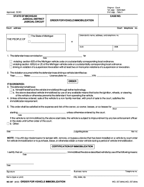 Michigan Order for Vehicle Immobilization