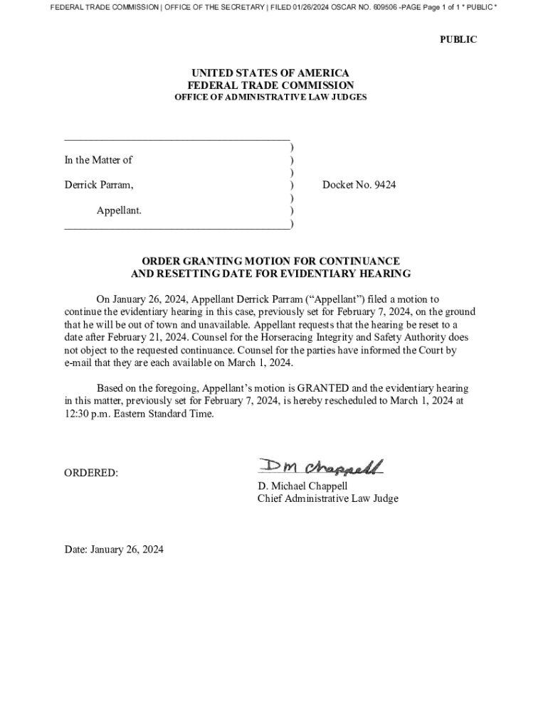 Fillable Online Order Granting Motion for Continuance and Resetting