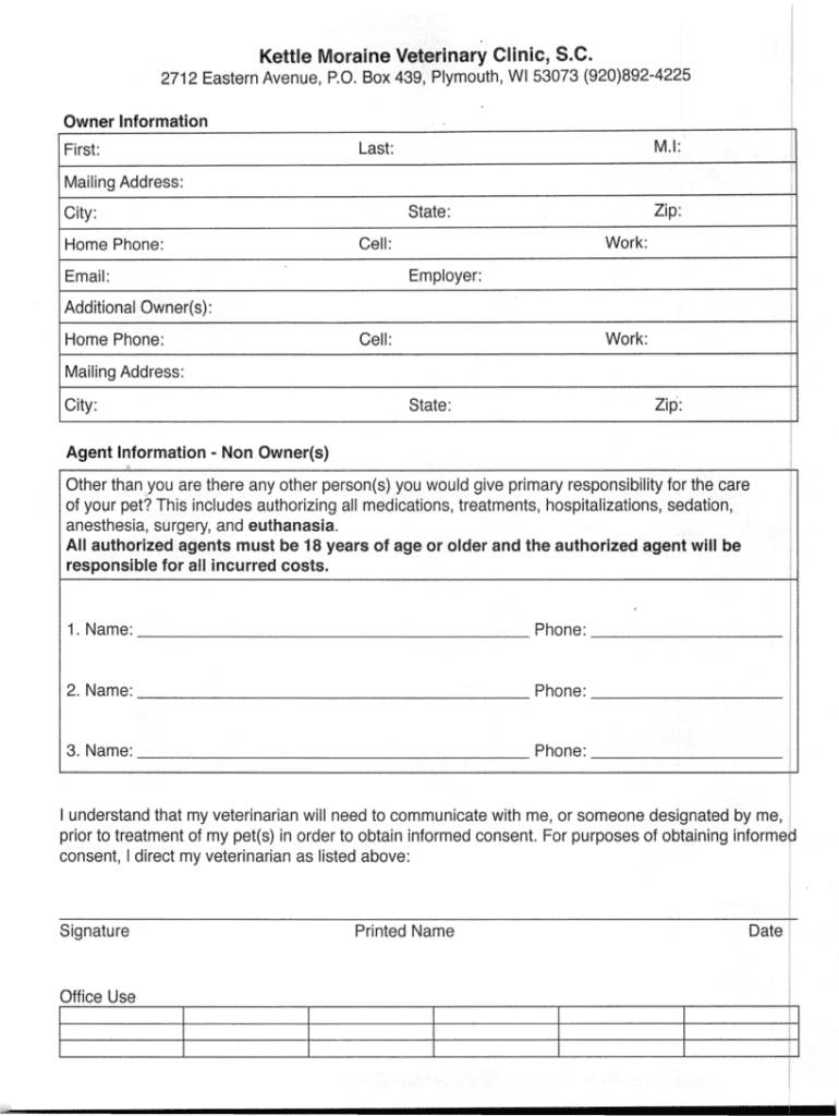Fillable Online Kettle Moraine Veterinary Clinic Plymouth