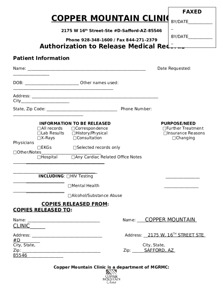 Medical Release to Copper Mountain Clinic Doc Template pdfFiller