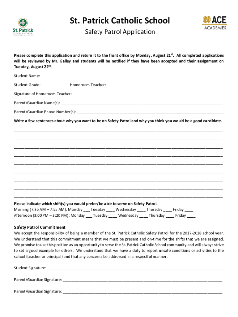 Fillable Online Safety Patrol Application St. Patrick Catholic School