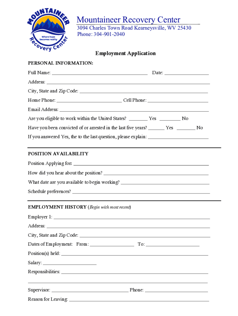 Fillable Online Mountaineer Recovery Center Behavioral Health Agency