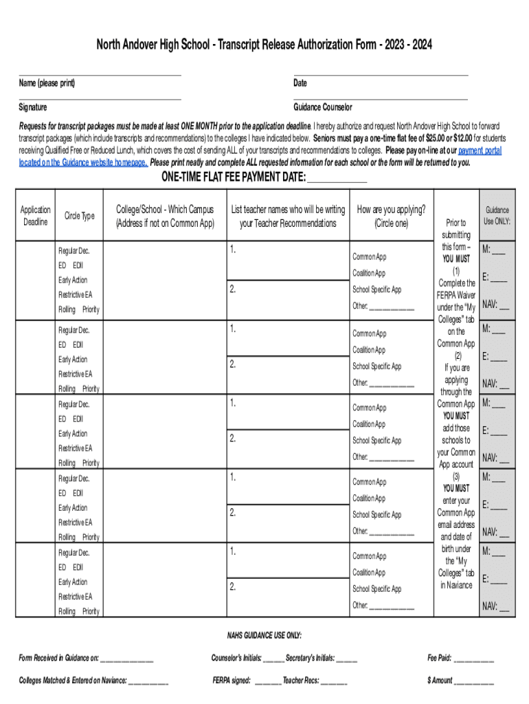 Fillable Online North Andover High School - Transcript Preview on Page 1