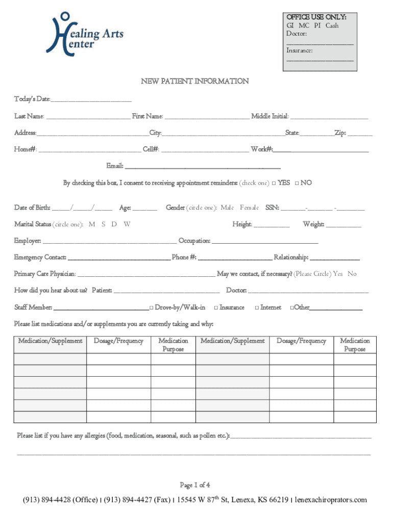 Fillable Online Healing Arts Center of Lenexa Lenexa Chiropractor
