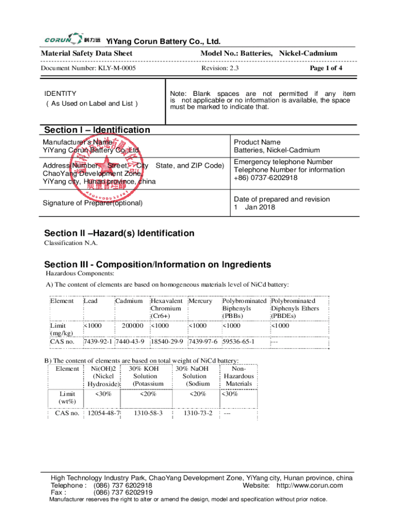 Fillable Online Safety Data Sheet for Nickel Cadmium Custom Battery