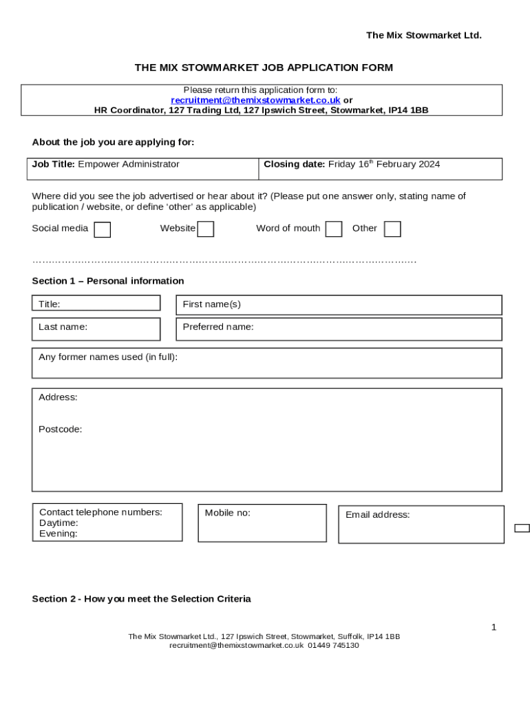 THE MIX STOWMARKET JOB APPLICATION Doc Template pdfFiller