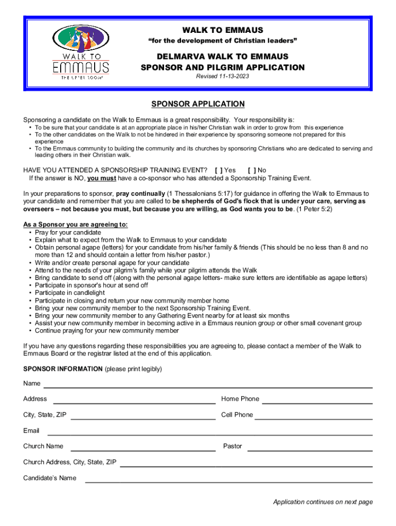 Fillable Online Emmaus Pilgrim Application - Sponsor Form Fax Email ...