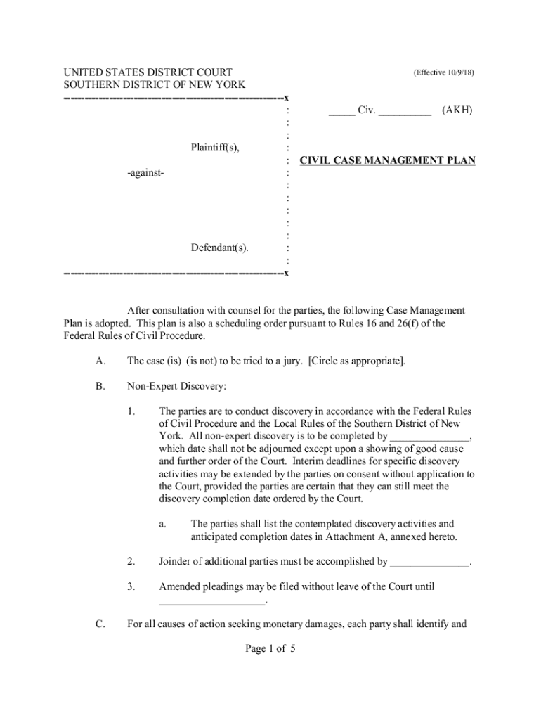 Fillable Online KPF CMP Civil Case Management Plan and Scheduling