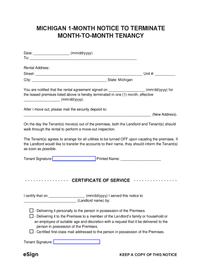 Michigan 1-Month Notice to Terminate Month-to-Month Tenancy for Tenant Preview on Page 1