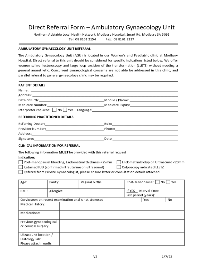Fillable Online Direct Referral Form Ambulatory Gynaecology Unit Fax ...