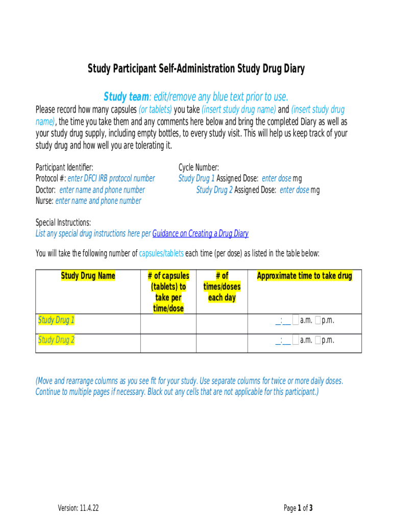Drug Diary Template Drug Diary Template