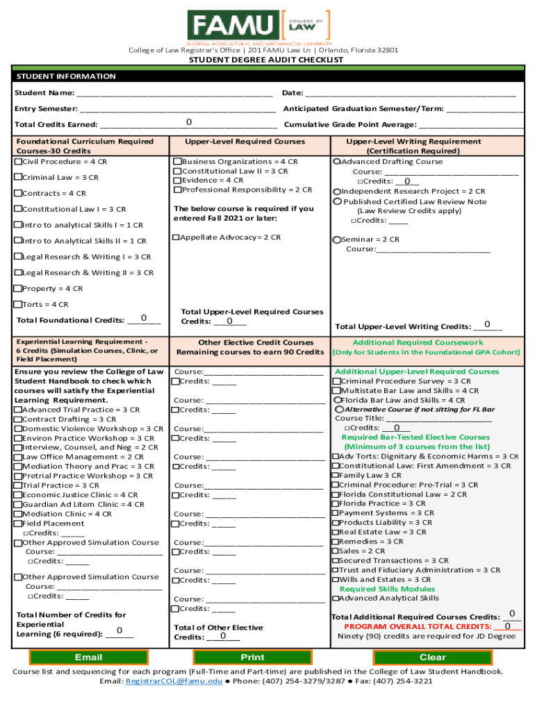 Fillable Online law famu J.D. Degree Requirements Quick Reference Guide Fax Email Print pdfFiller