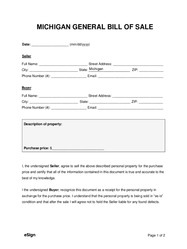 Fillable Online Fillable Michigan Motor Vehicle Bill of Sale Fax Email ...