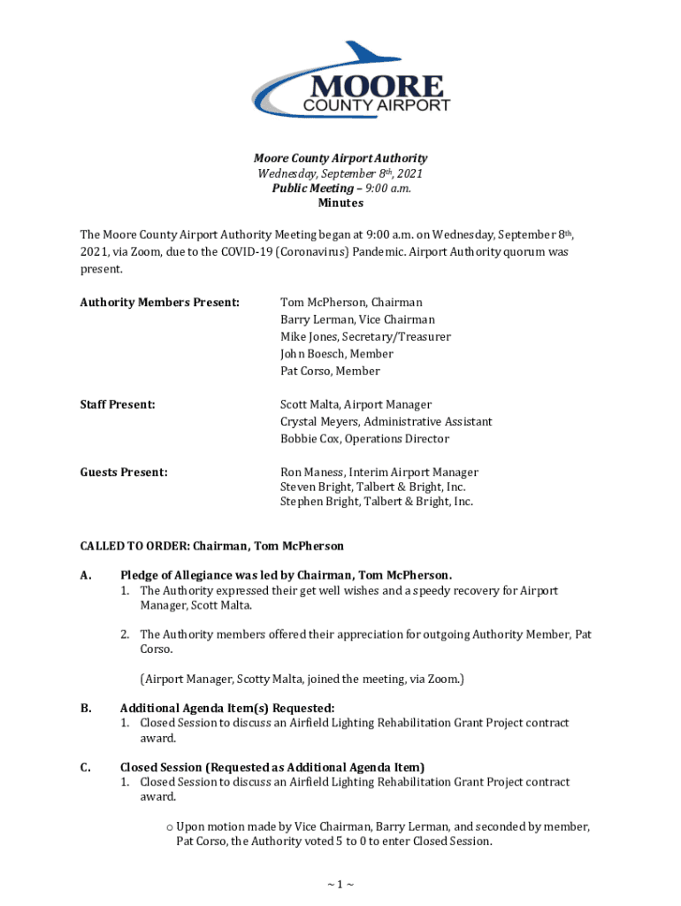 Fillable Online Moore County Airport Authority Tuesday, September 8th