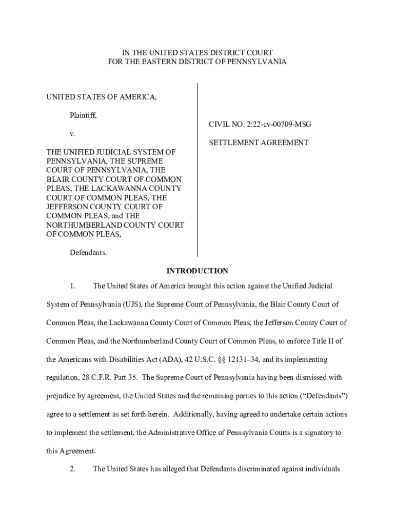 Fillable Online Settlement Agreement U.S. v. The Unified Judicial