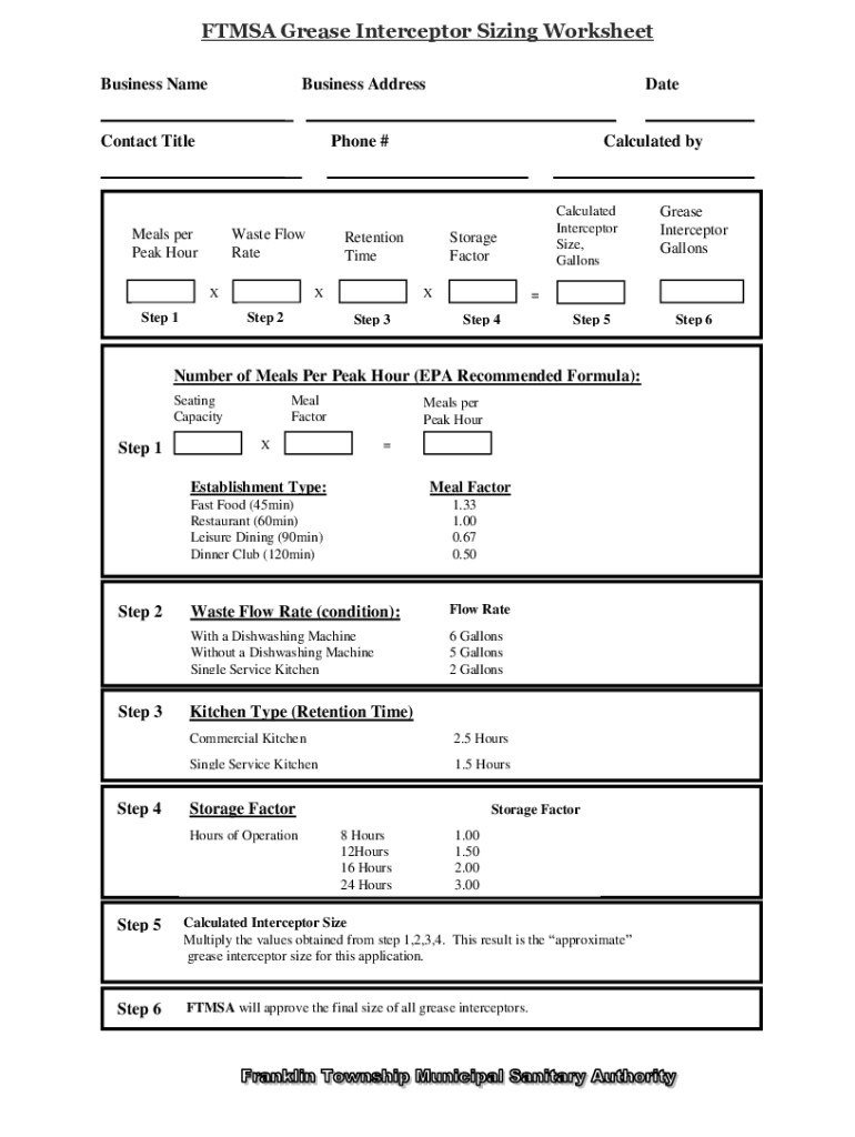 Fillable Online Grease Interceptor Sizing and Selection Worksheet Fax