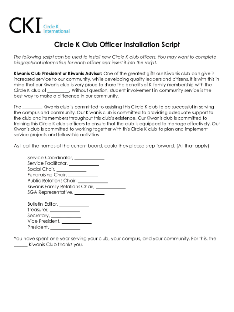 Fillable Online Circle K Club Officer Installation Script Fax Email ...