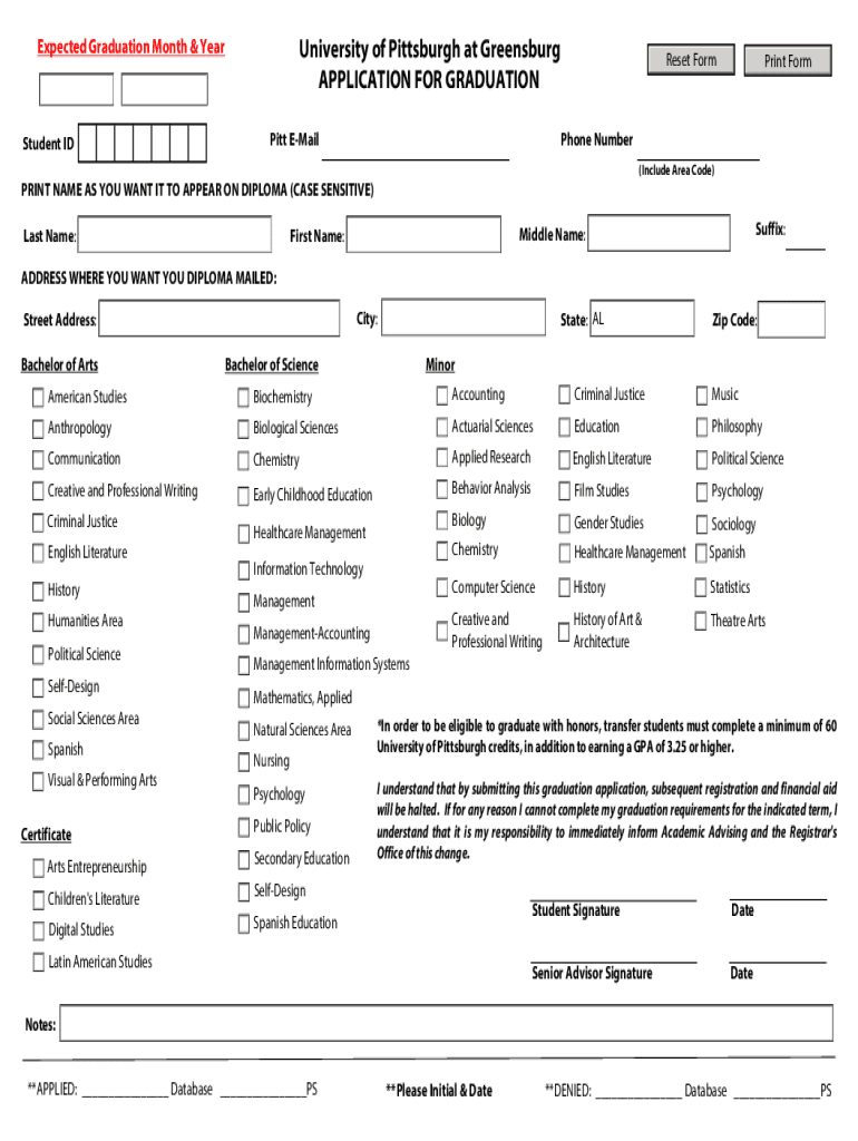 Fillable Online University of Pittsburgh at Greensburg APPLICATION FOR