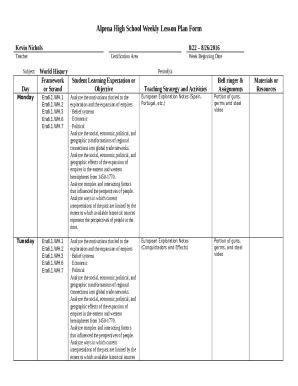 Fountain Lake High School Weekly Lesson Plan Doc Template | pdfFiller