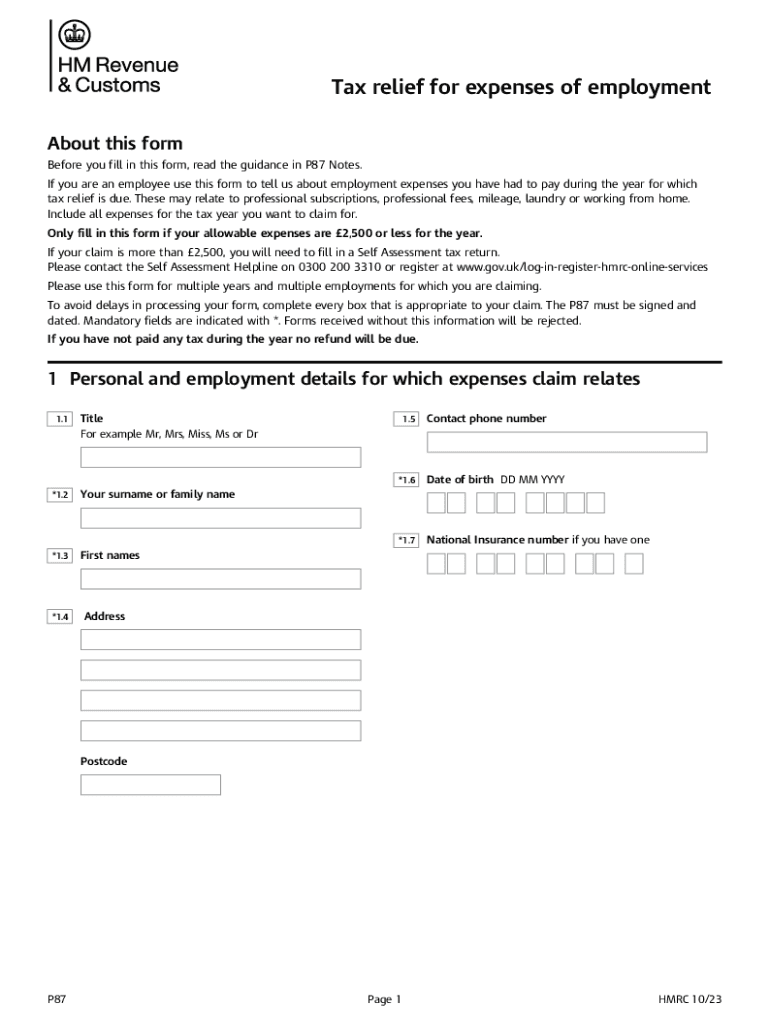 How to Use P87 HMRC Form to Claim Tax Relief? Preview on Page 1