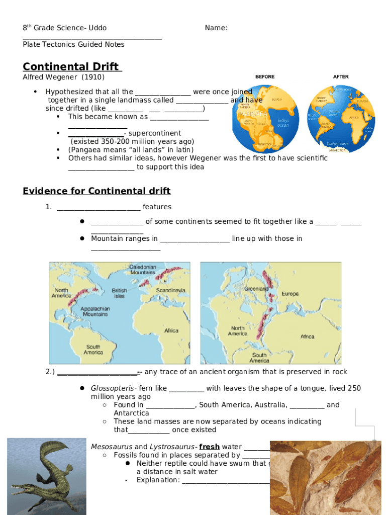 Continental Drift and Plate Tectonics Guided Notes Doc Template | pdfFiller