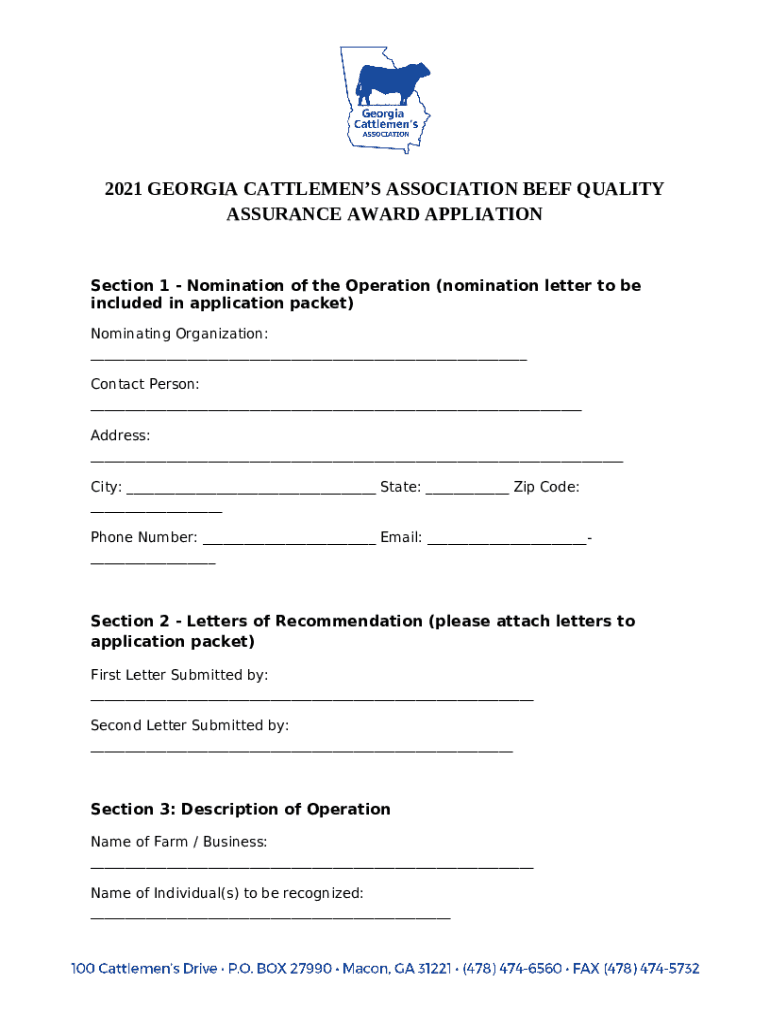 Beef Quality Assurance Award Doc Template pdfFiller