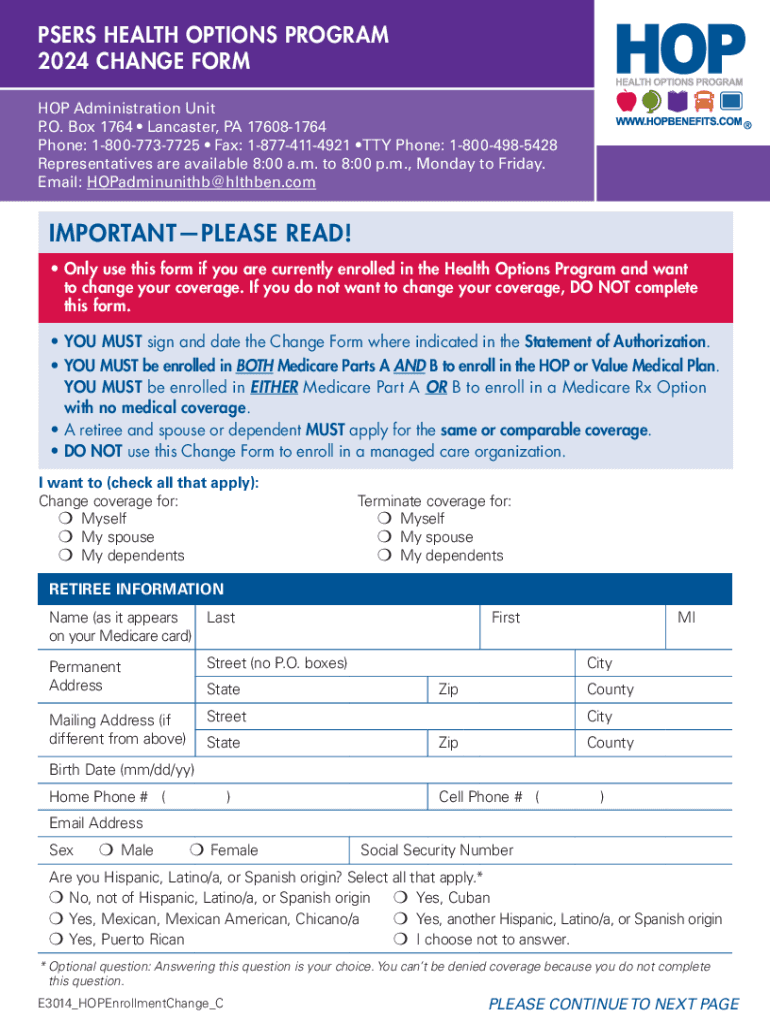 Fillable Online psers health options program 2024 change form Fax Email