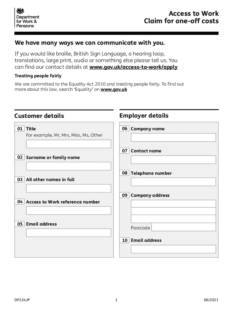 DP224JP- Access to Work - Claim for one-off costs Preview on Page 1