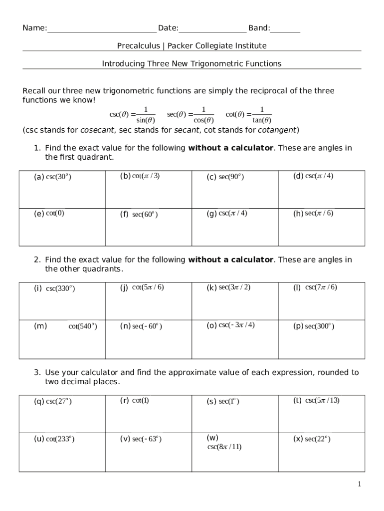 Infinite Algebra 2 - Practice with Reciprocal Trig Functions Doc ...