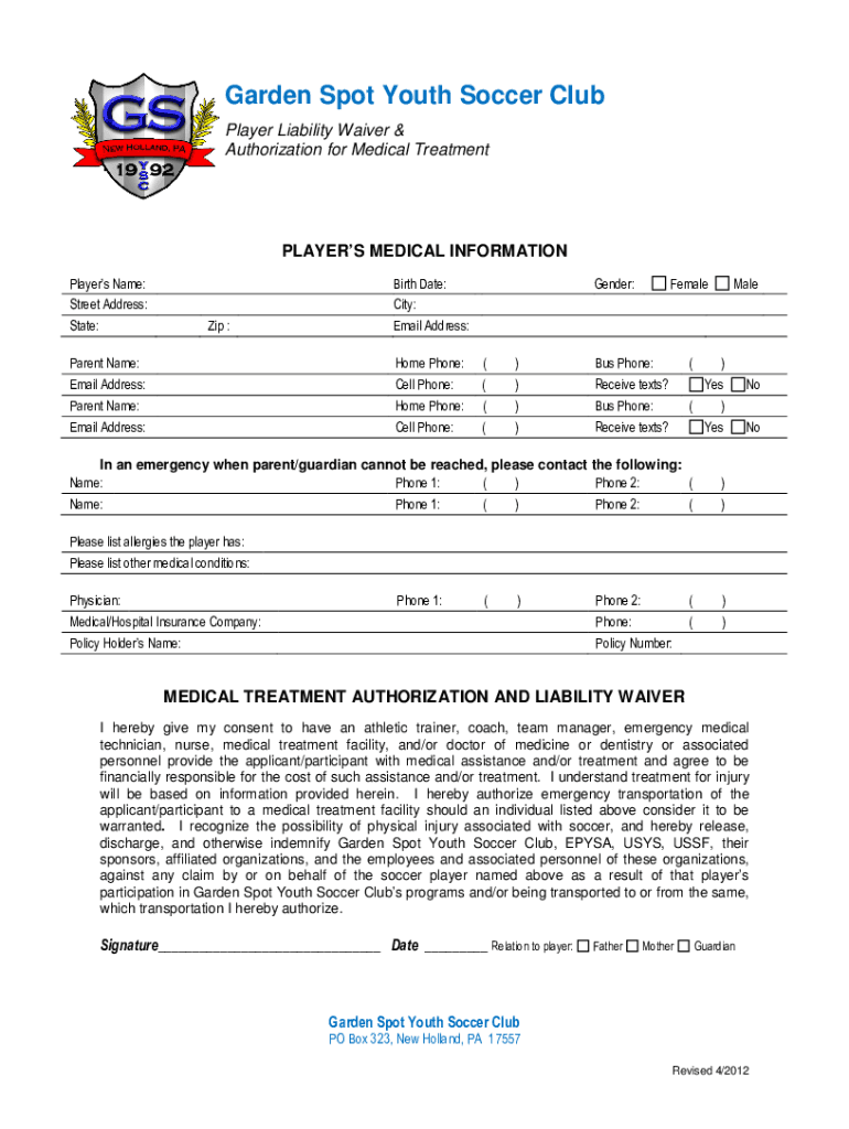 Fillable Online Garden Spot Youth Soccer Club Fax Email Print pdfFiller