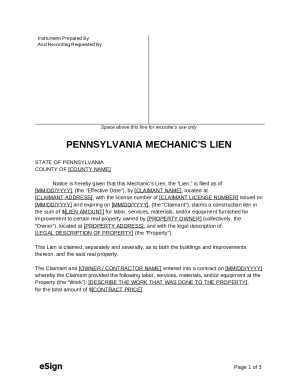 Free Pennsylvania Mechanic's Lien FormPDFWord