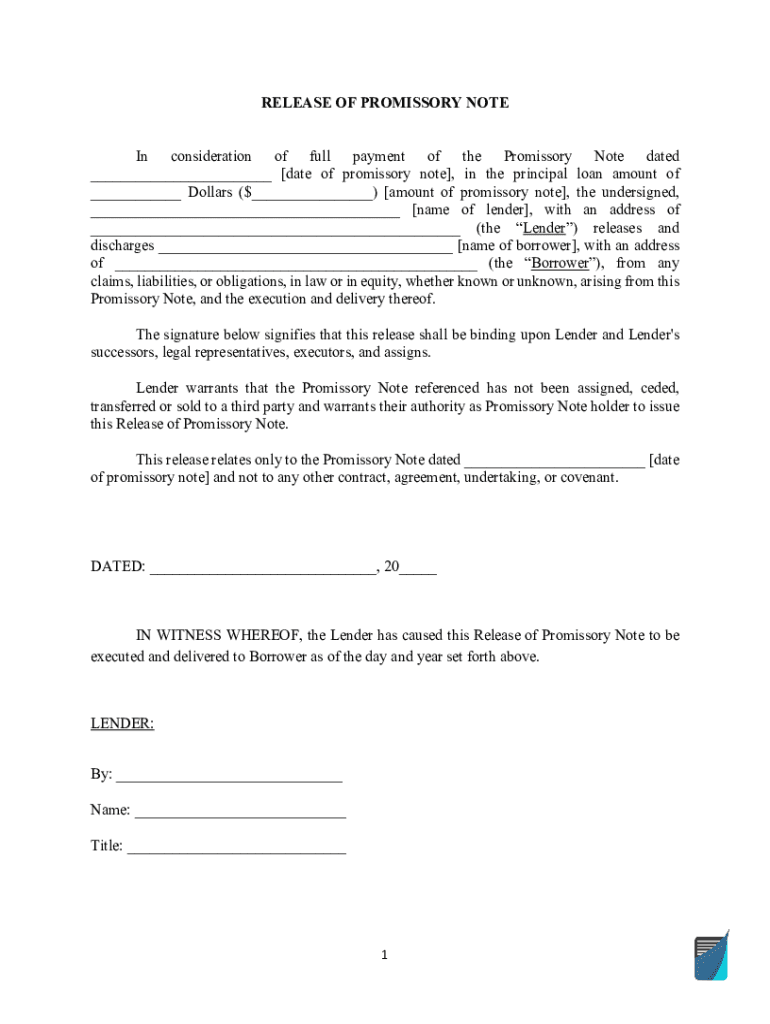 Release of Promissory Note Form Release of Promissory Note Template Preview on Page 1