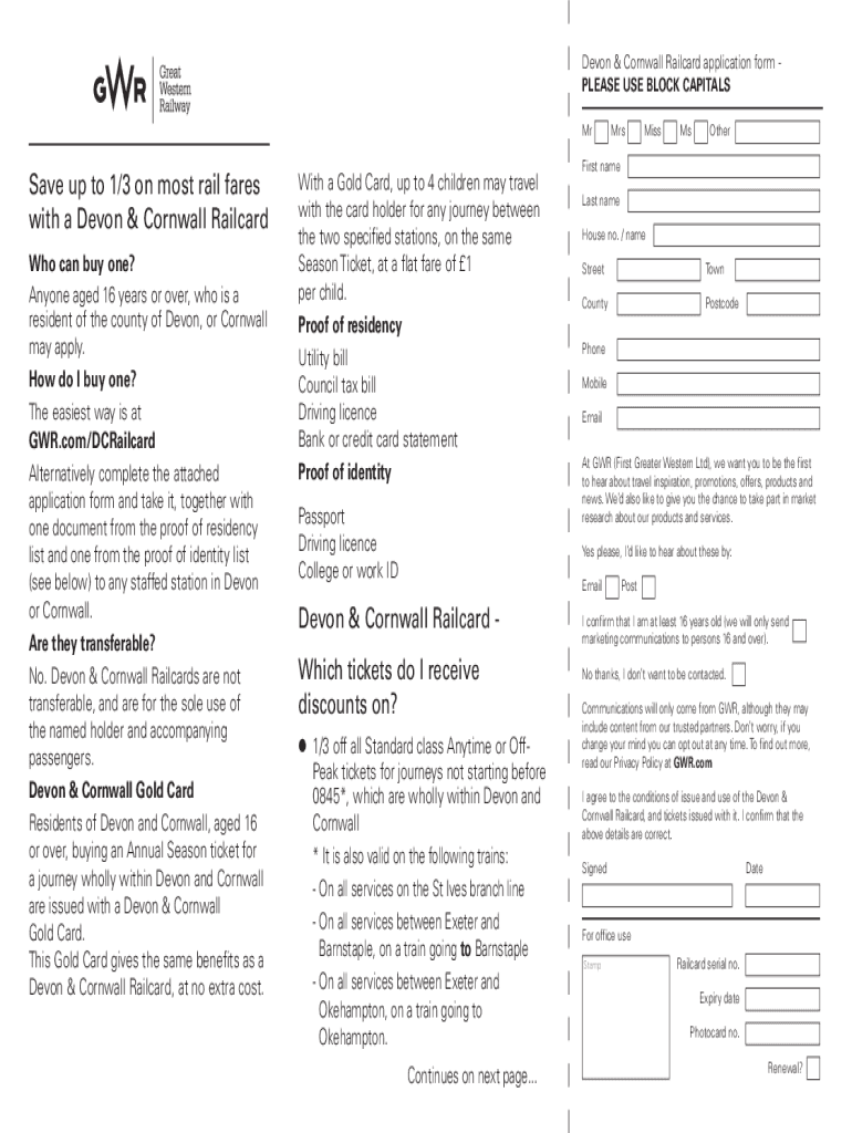 Devon Cornwall Railcard Application Form Fill Out Sign Share 