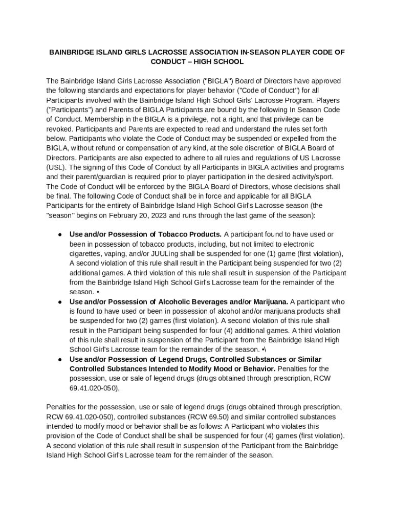 BAINBRIDGE ISLAND GIRLS LACROSSE ASSOCIATION INSEASON PLAYER CODE OF