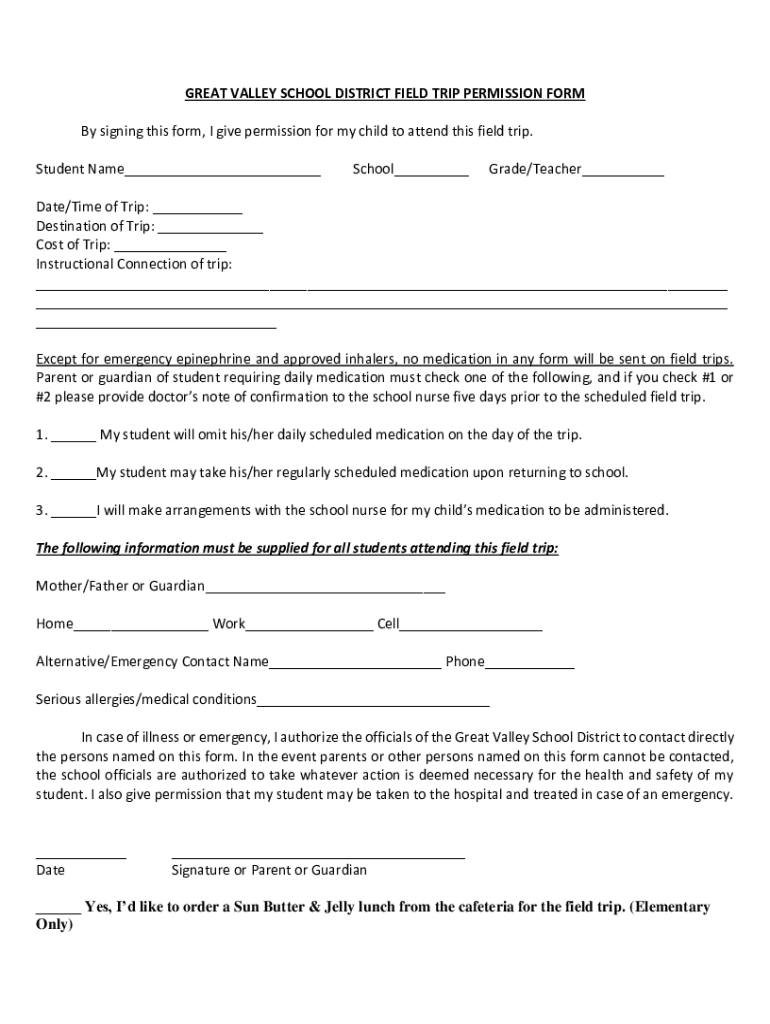 Fillable Online great valley school district field trip permission form