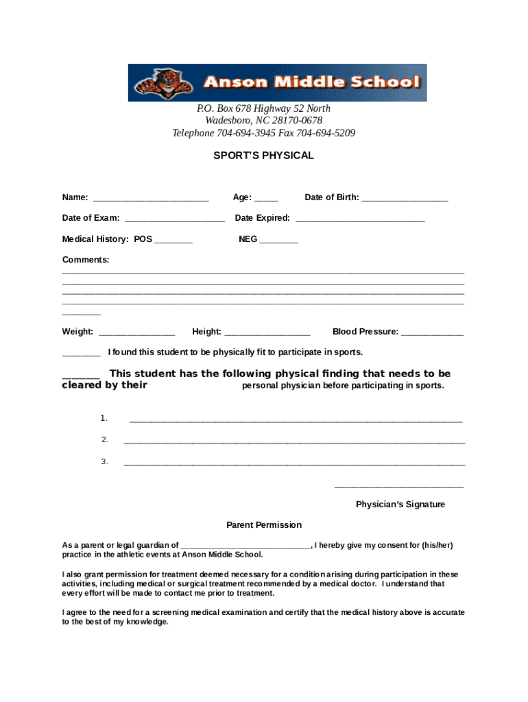 Anson Middle School Sports Form Preview on Page 1
