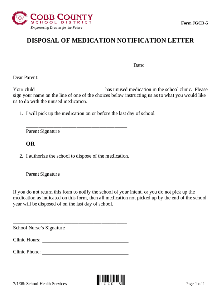 Disposal of medication s notification letter doc template pdffiller