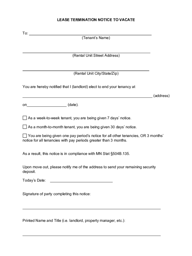 Fillable Online LEASE TERMINATION NOTICE TO VACATE To Fax Email Print