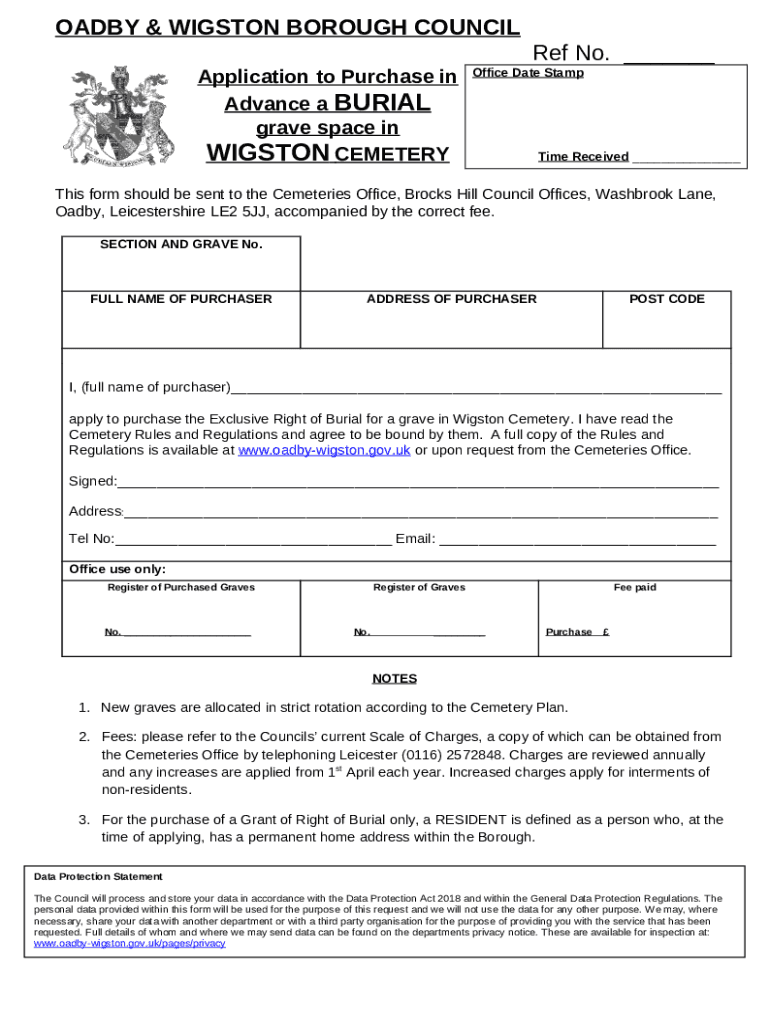 Notice of Interment of Burial in Wigston Cemetery Doc Template pdfFiller